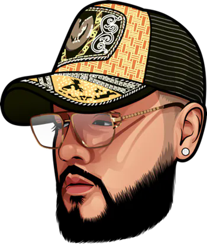 Illustrated portrait of JUST JANO in a gold and black trucker cap and glasses.